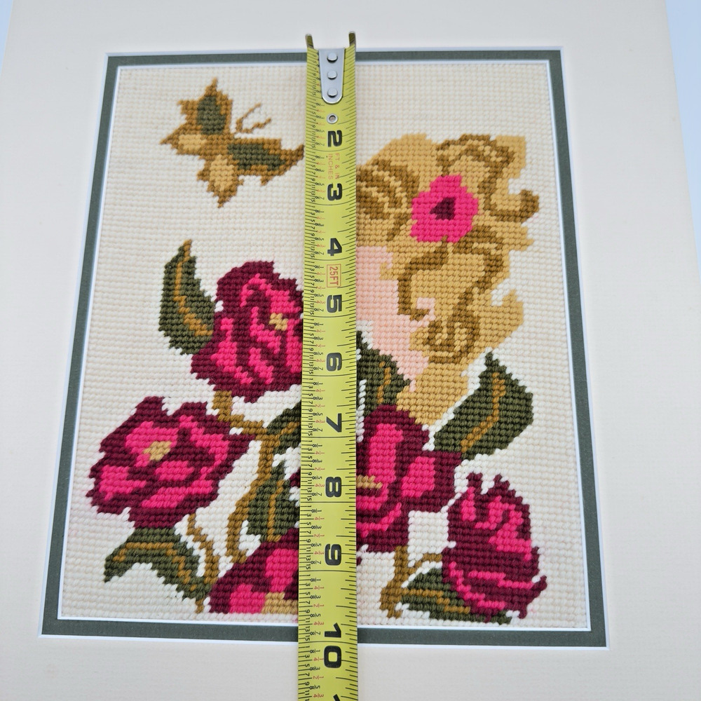 Vintage Completed Needlepoint Wall Art Flowers Girl 1970s Matted 12.5"x 14.25" - Picture 8 of 8